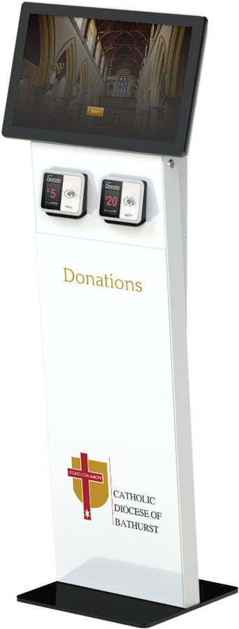 The donation kiosk when idle, showing two integrated donation terminals