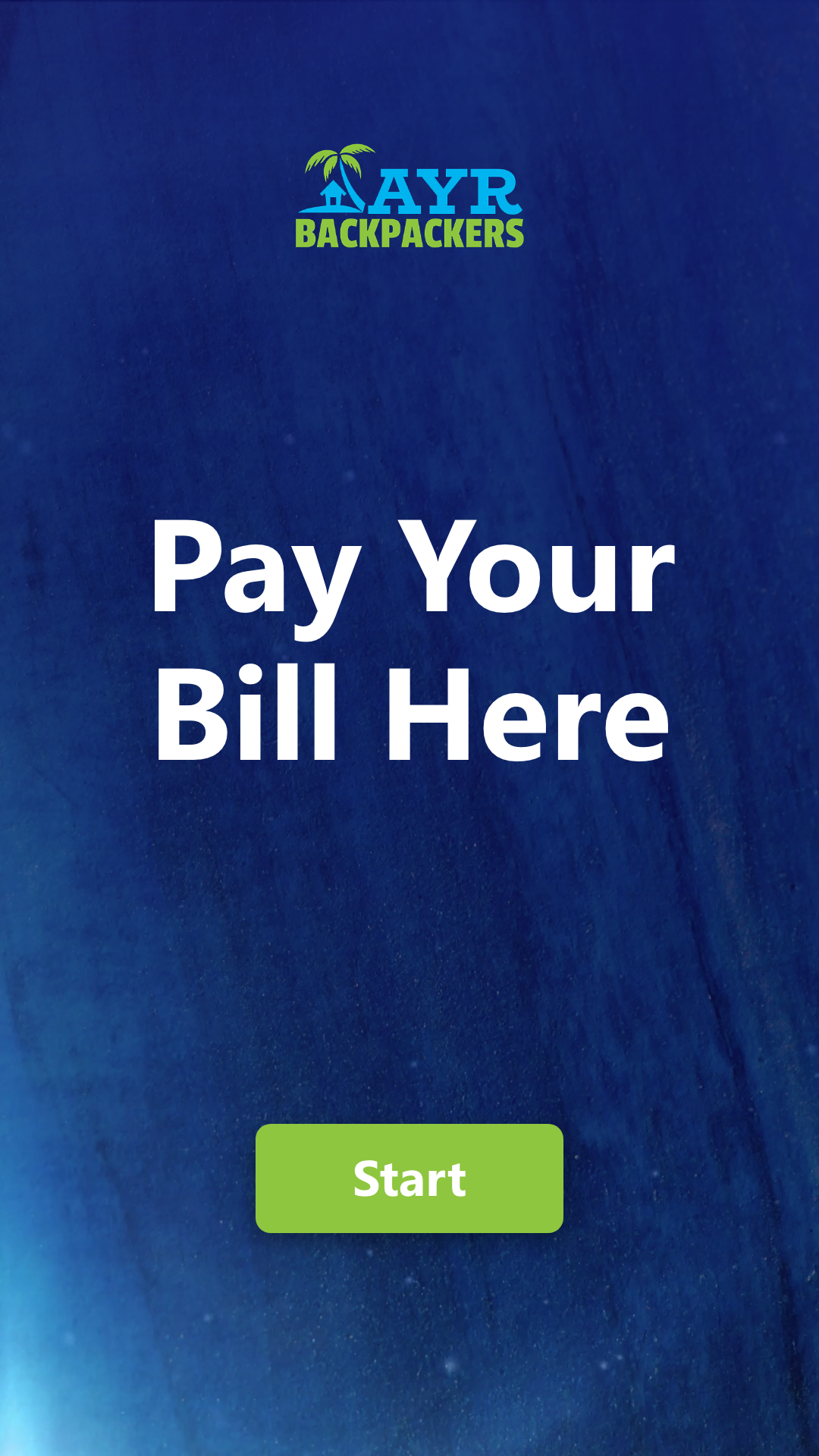 The kiosk’s animated idle screen, with the text “Pay Your Bill Here” shown prominently