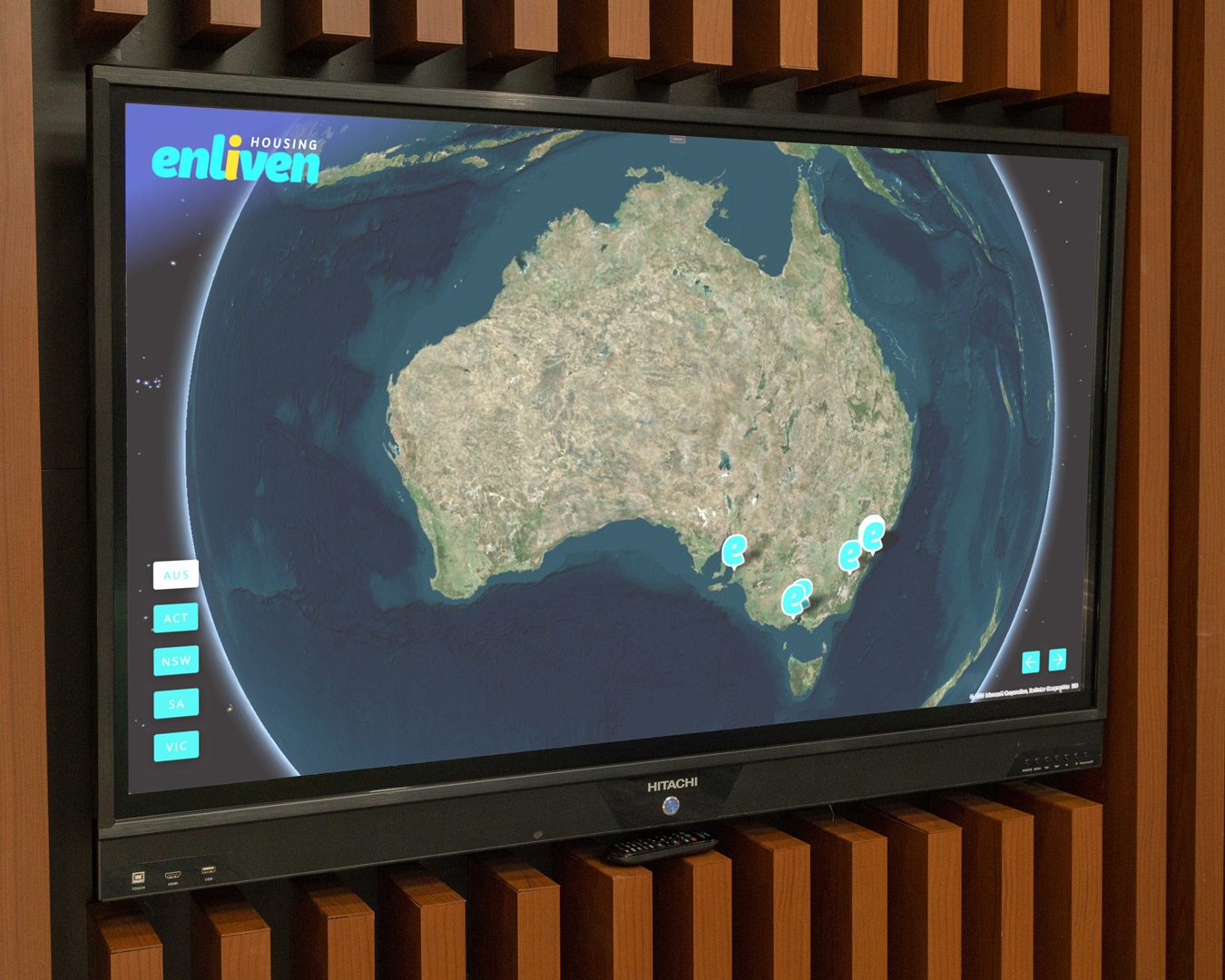 The software’s main screen, showing all the locations on a map. The software animates between locations in a loop.