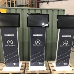 Slimline kiosks configured for visitor sign-in, produced for Victoria’s Rail Academy